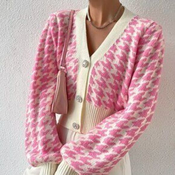 Sweaters - Pink Preppy Womens Houndstooth Pattern Lantern Sleeve Cardigan